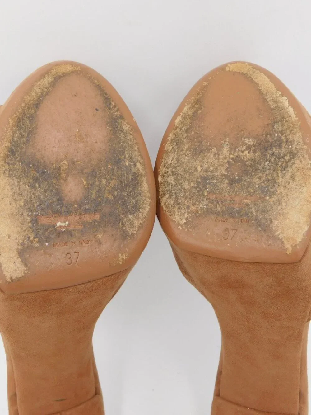 Saint Laurent YSL Open Toe Thorn Heel Tan Suede High Heel Sandals | GUC | 37 US